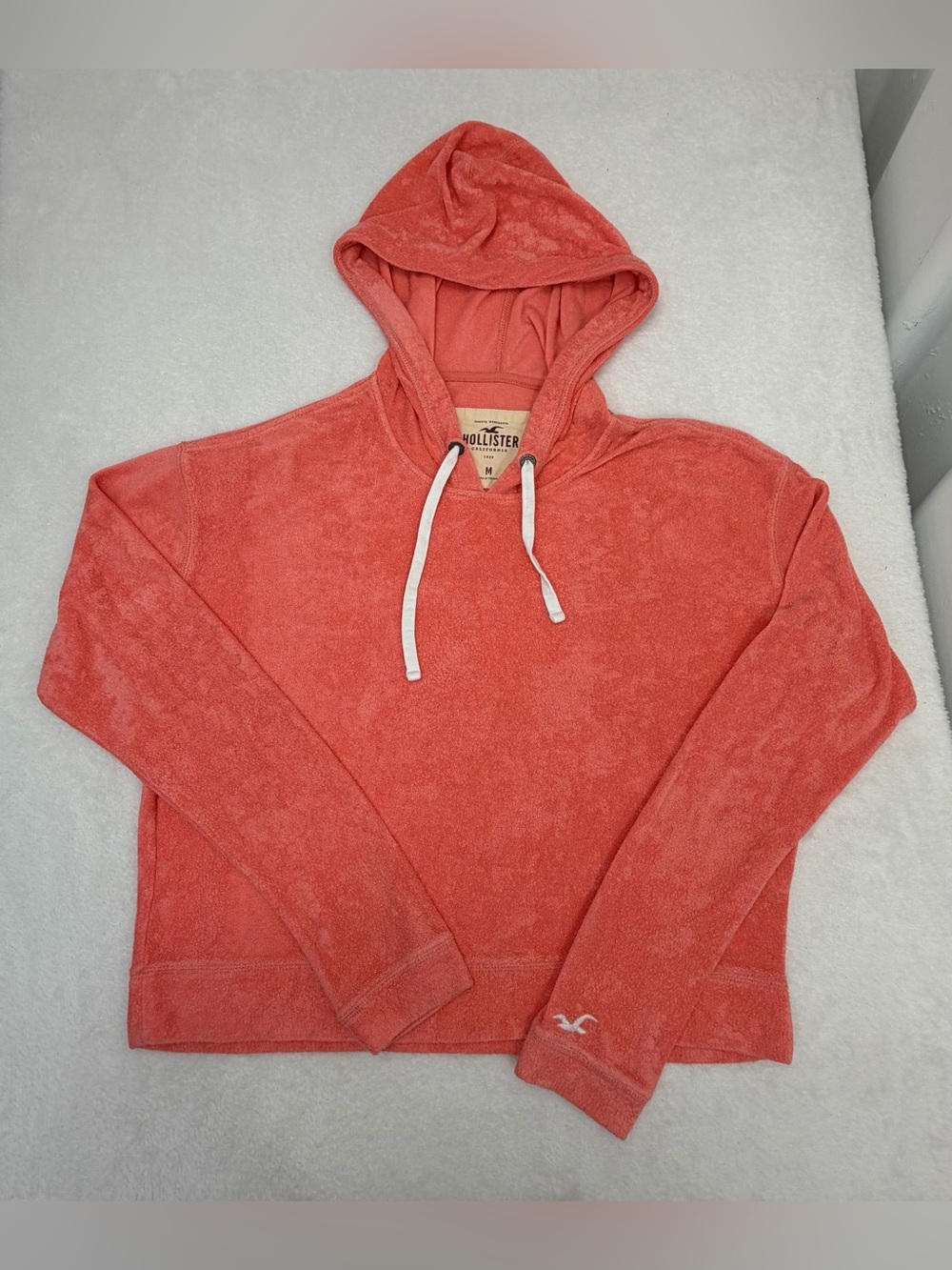 Hollister Womens Coral Pink Terry Cloth Hooded Sweatshirt Size M Pullover Hoodie